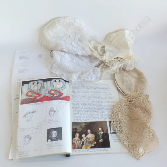 Seven antique babies christening caps, plus booklet by Valerie Carson.